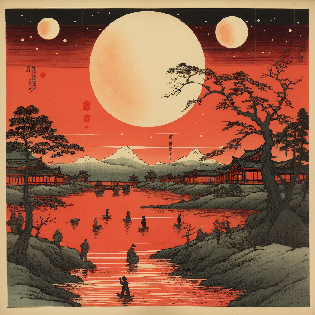 Hiroshige style lunar eclipse image