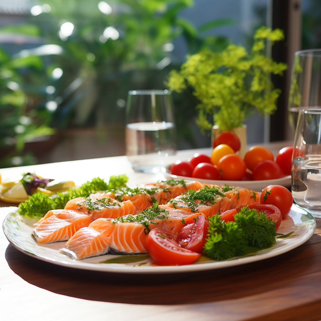 Salmon lunch table with parsley and tomatoes