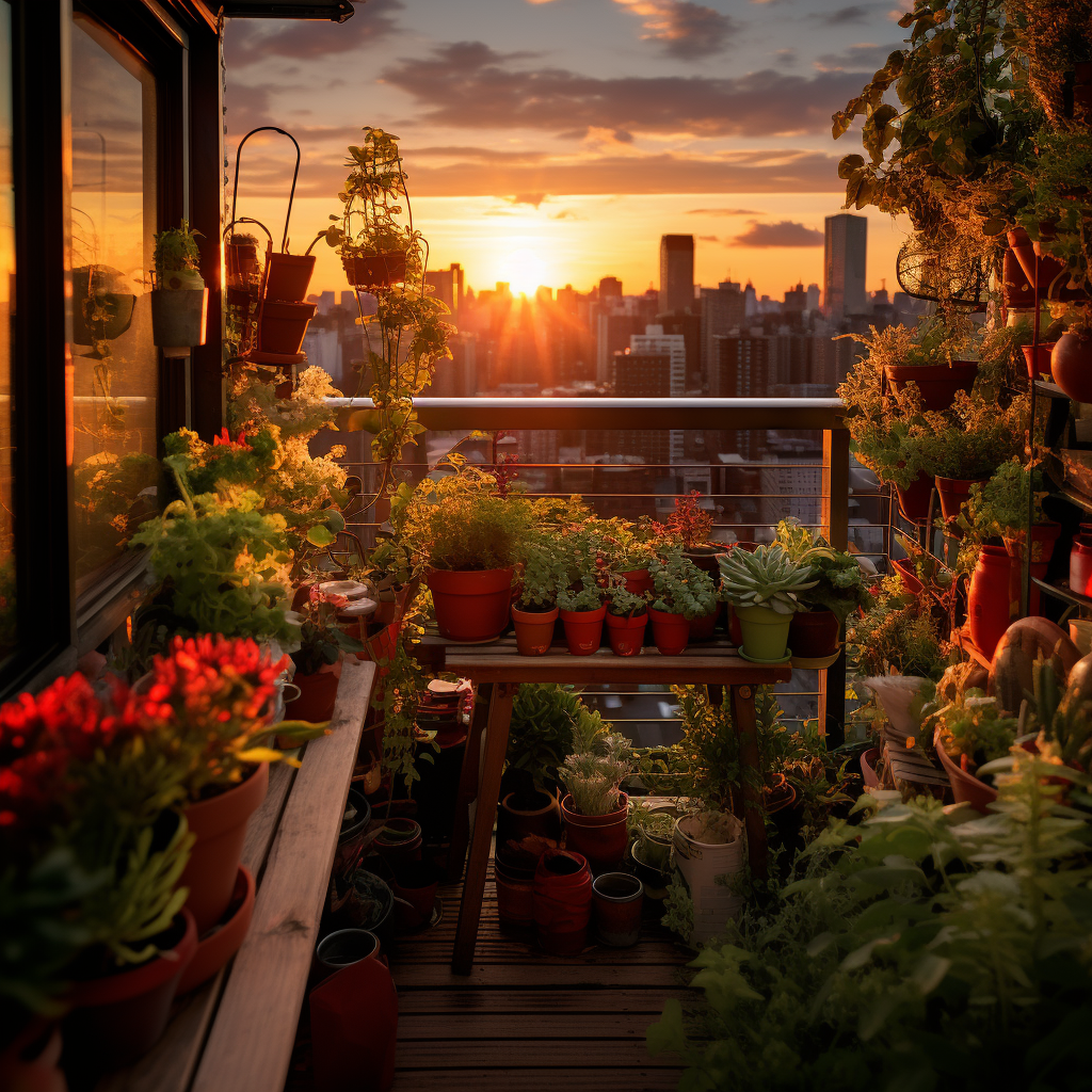 Beautiful balcony garden with city skyline backdrop