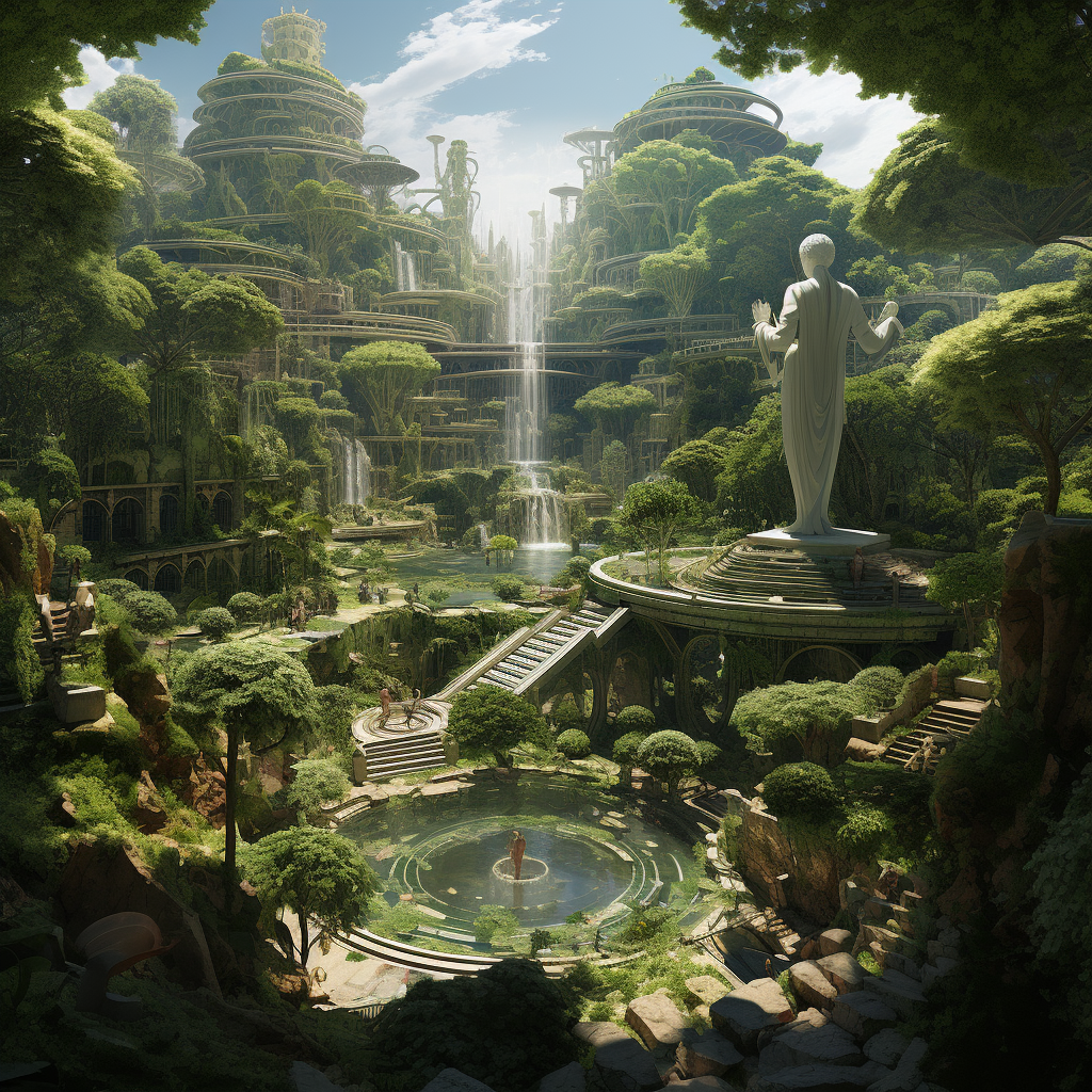 Lush garden with sculptures, waterfalls, and green innovation