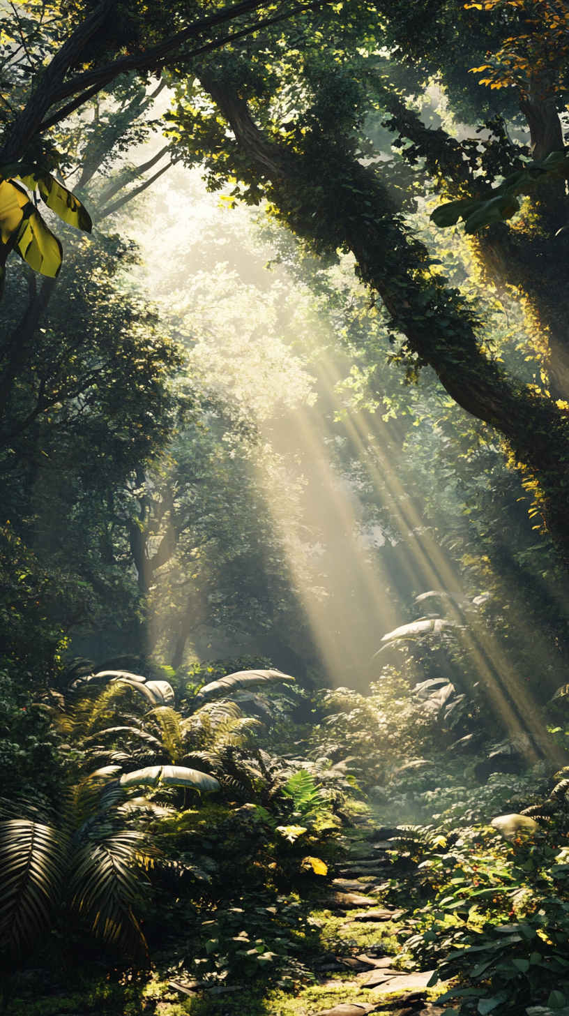 Lush forest with sunbeams