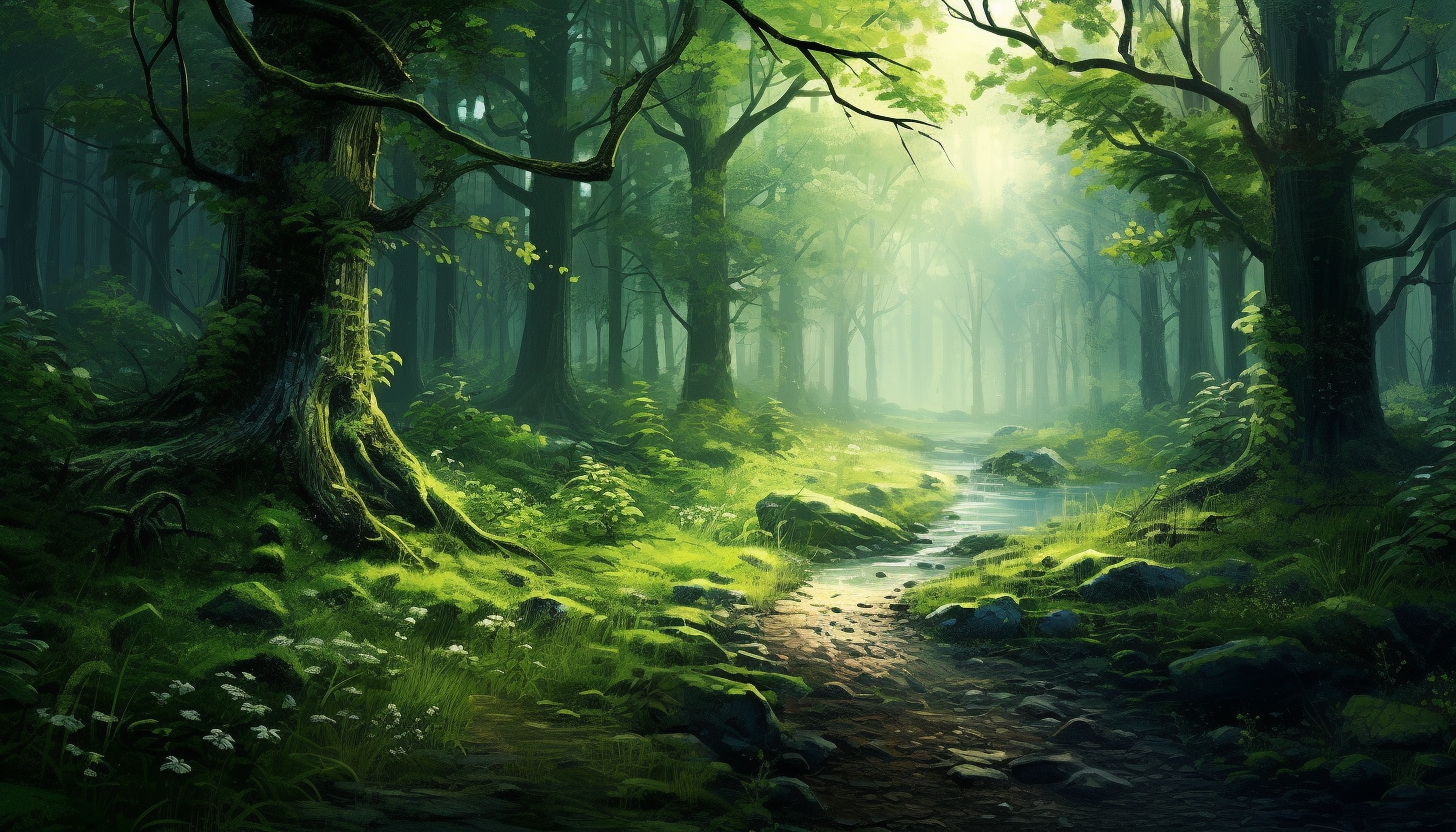 Serene lush green forest with mist