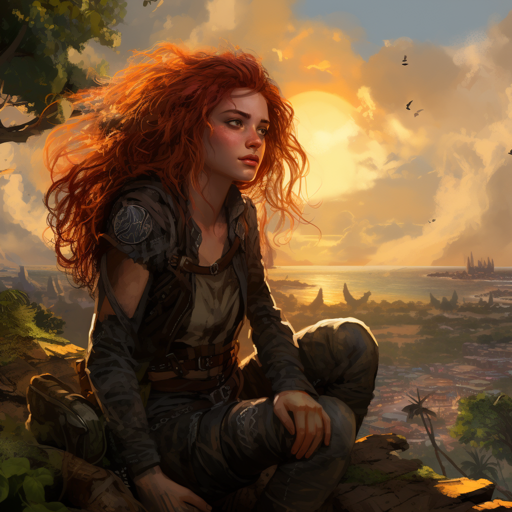 Beautiful female hero with lush hair sitting at the end of the world