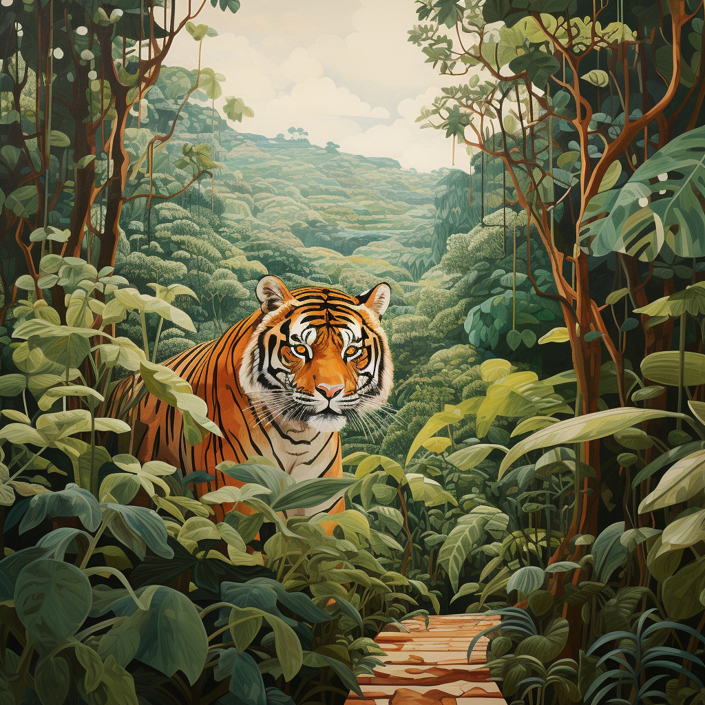 Tiger walking through lush jungle