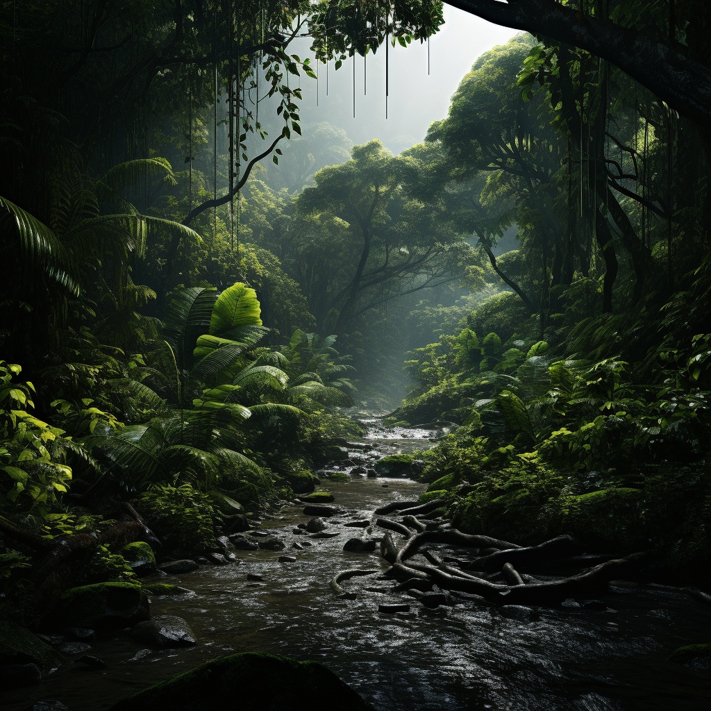 Serene lush rainforest before thunderstorm