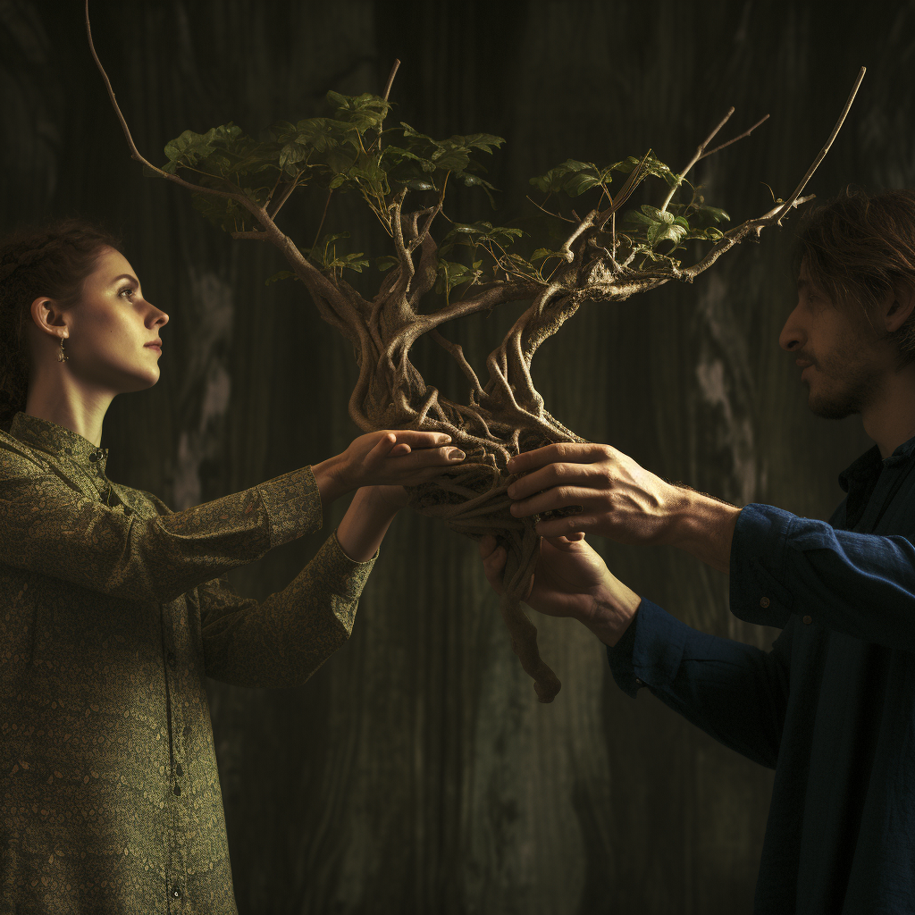 Image of a lush tree with a man and woman holding its branches.