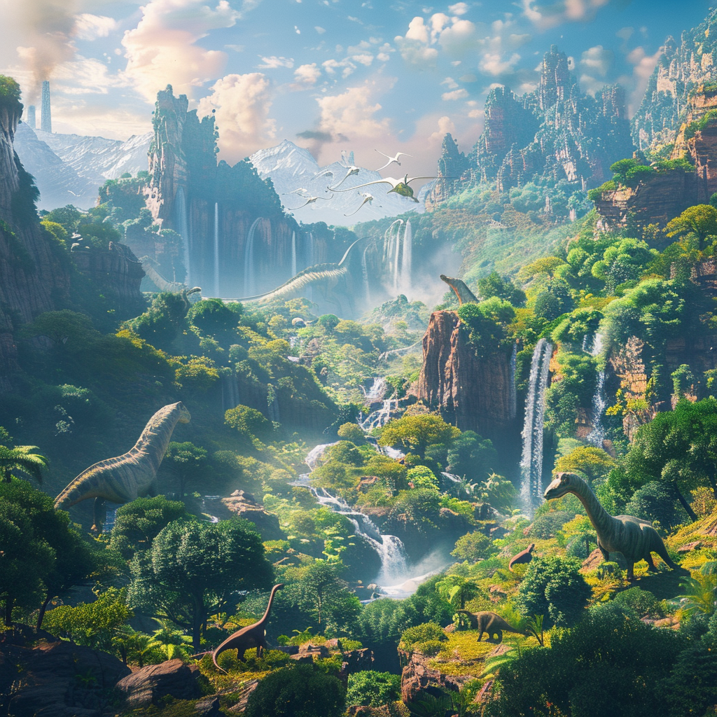 lush valley waterfalls dinosaurs city