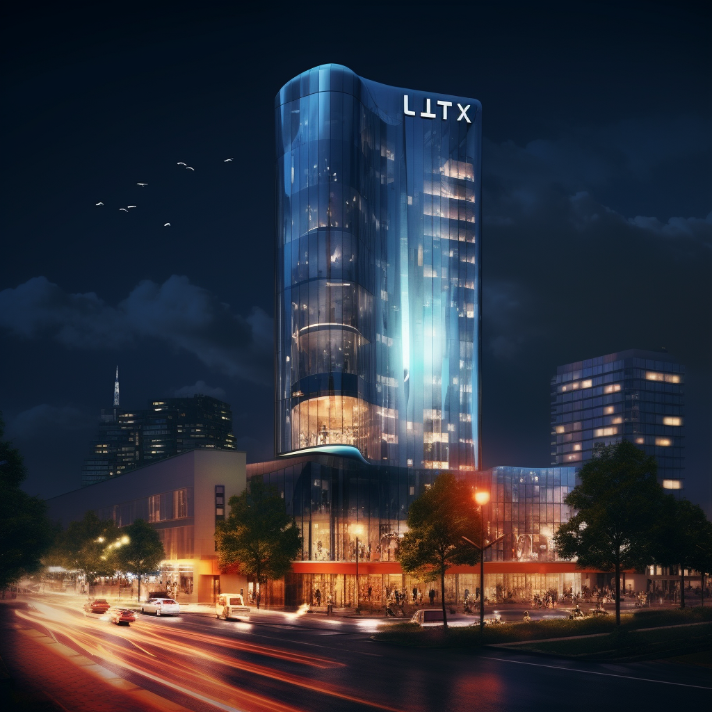 Glass tower of luxurious city center hotel at night