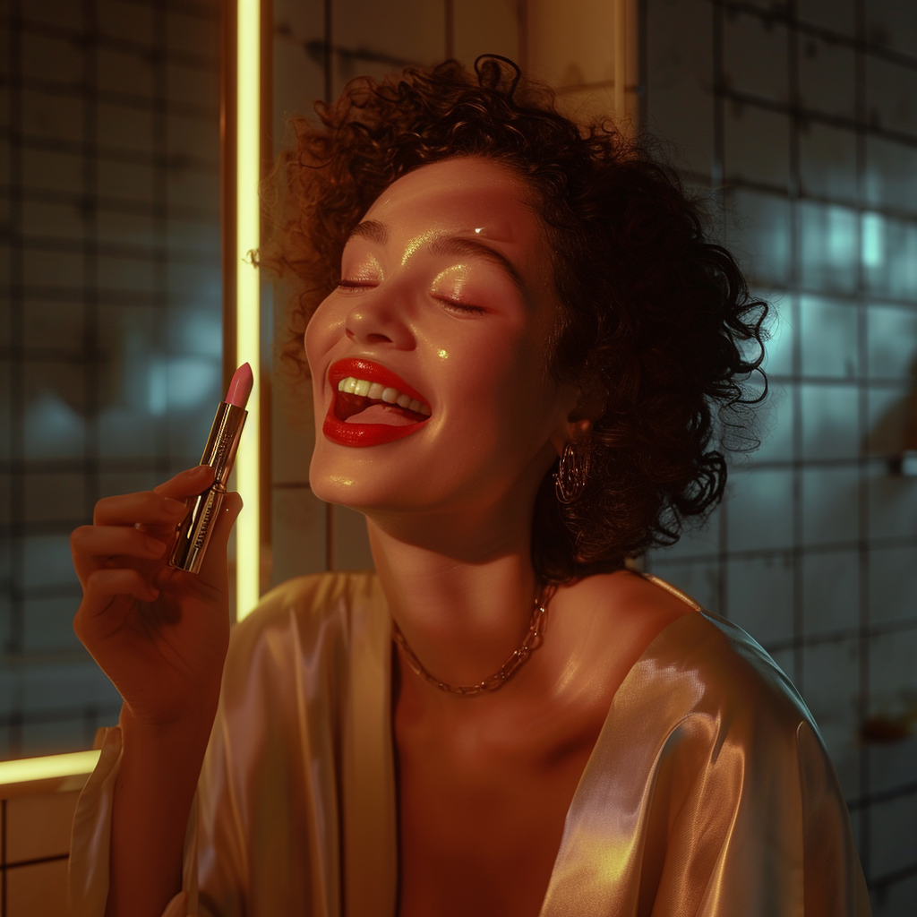 Woman holding lipstick with radiant skin