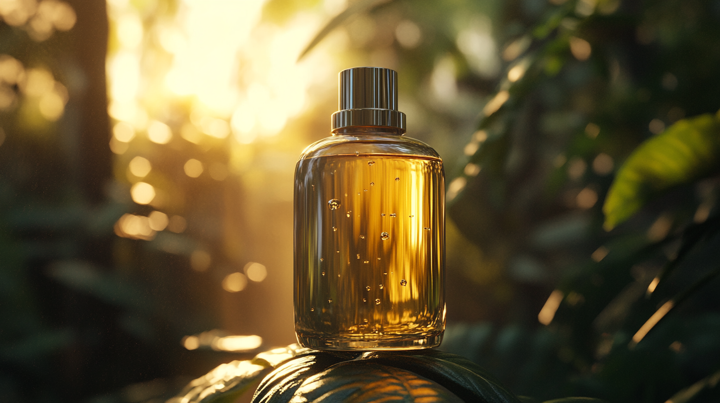 Cosmetic bottle in lush forest