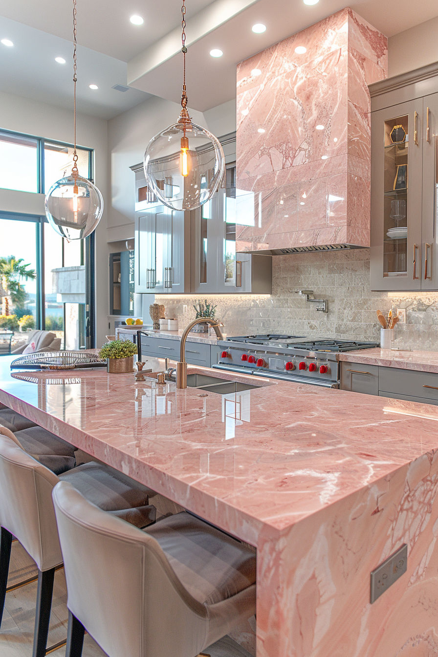 Pink stone countertop kitchen scene