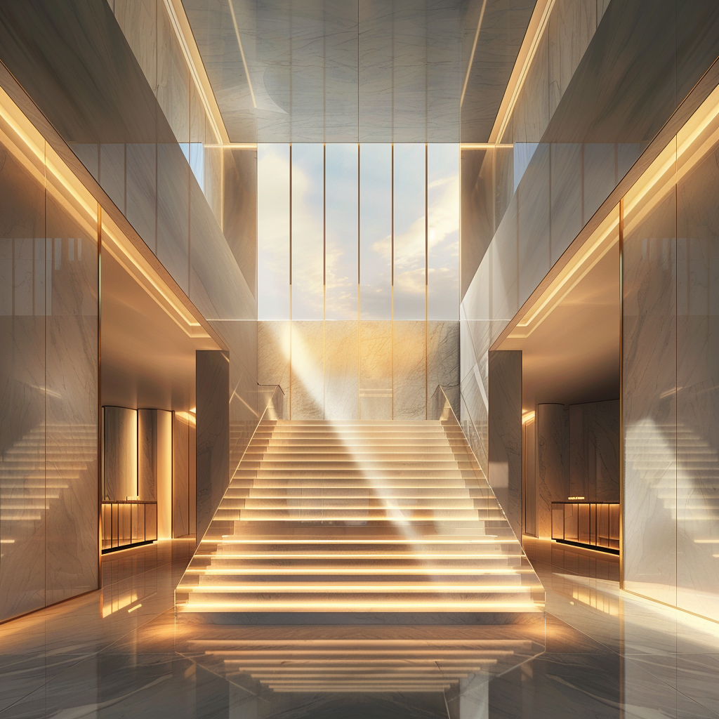 Luxurious lobby staircase glowing light