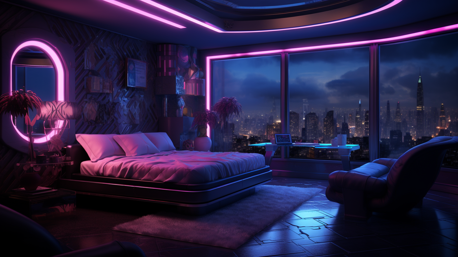 Luxurious neon cyberpunk hotel room