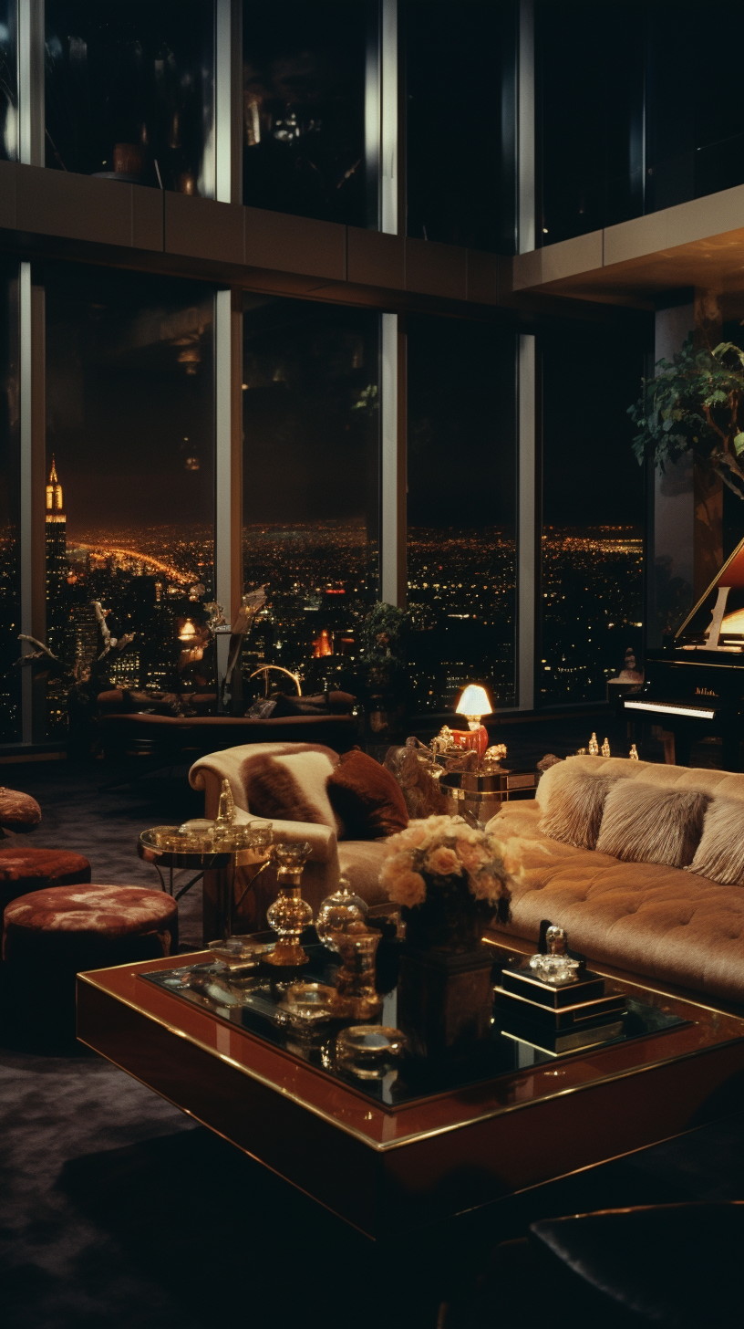 Luxurious penthouse living room at night