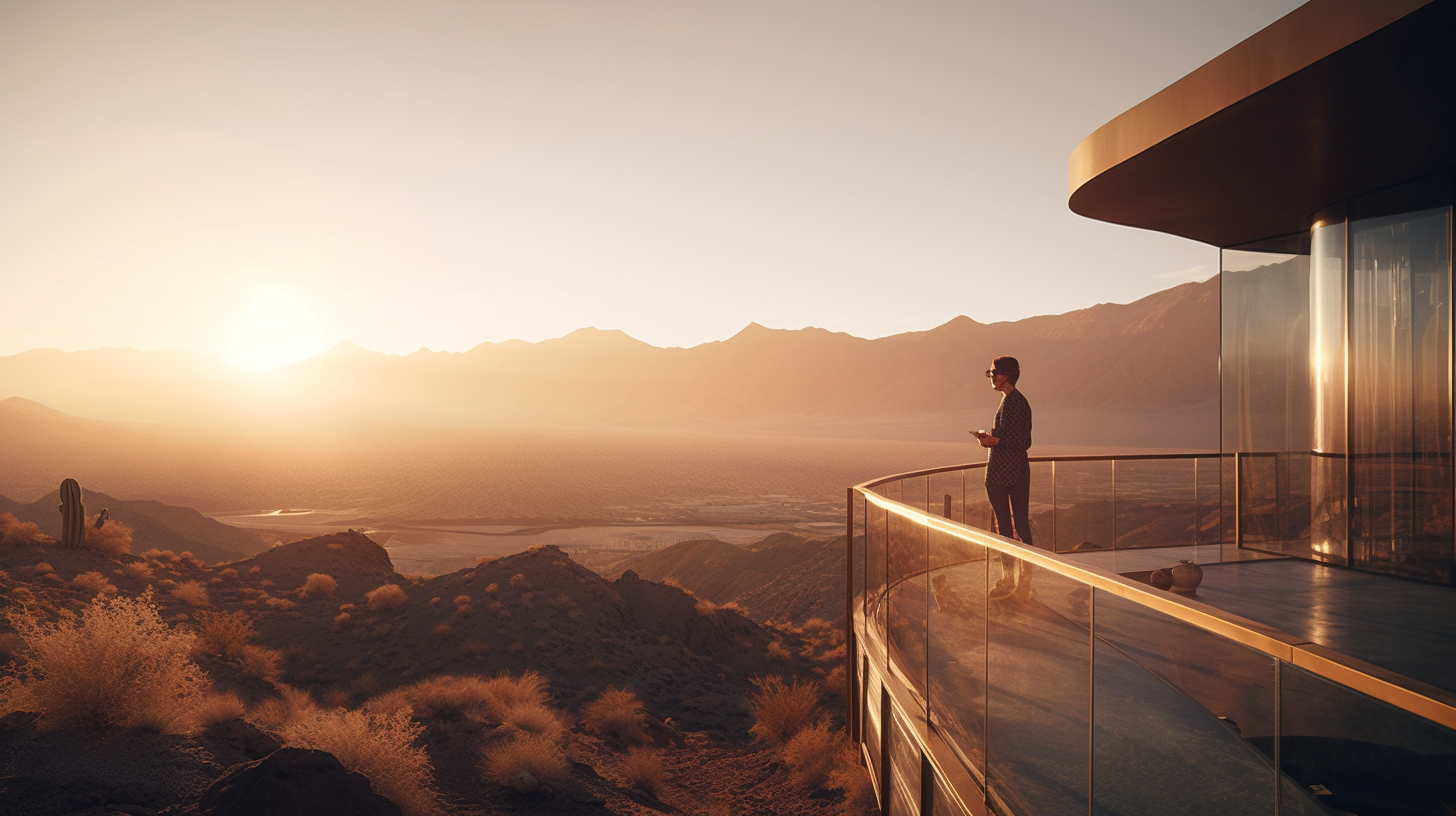 Standing individual on a luxurious real estate terrace