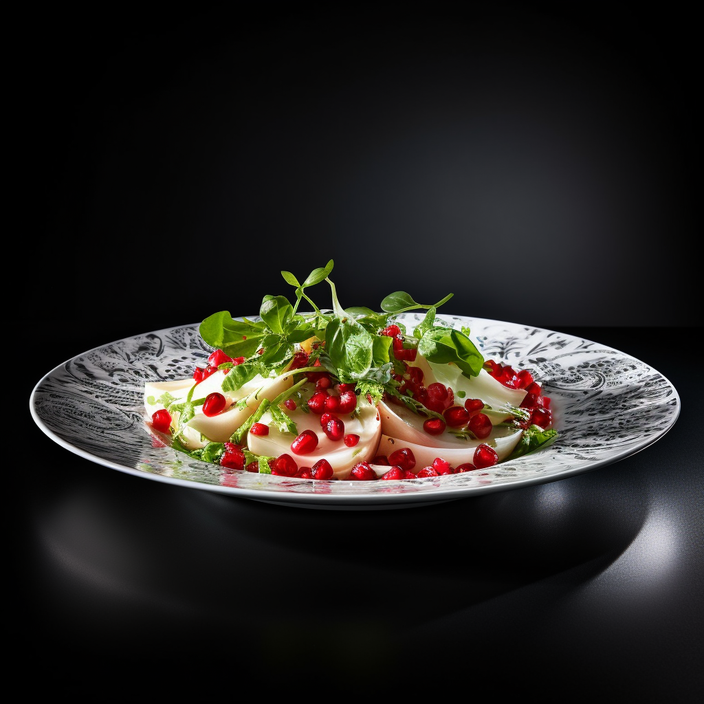 Luxurious Gourmet Salad in White Porcelain Plate with Pomegranate Seeds