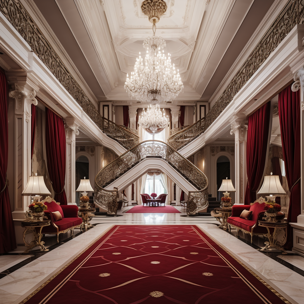 Luxurious house interior with chandelier and red carpet