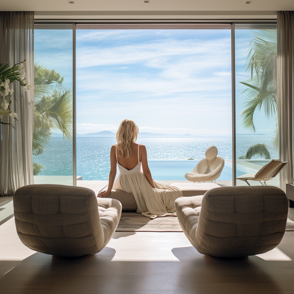 Luxurious woman in modern living room on beachfront property