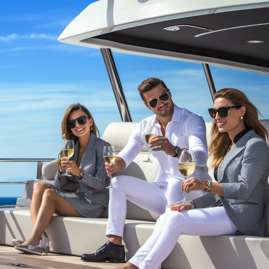 Group of friends enjoying gin and tonic on a luxurious yacht