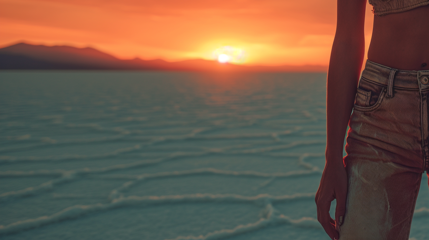 Stylish Young Woman Supermodel at Salt Flats Dusk