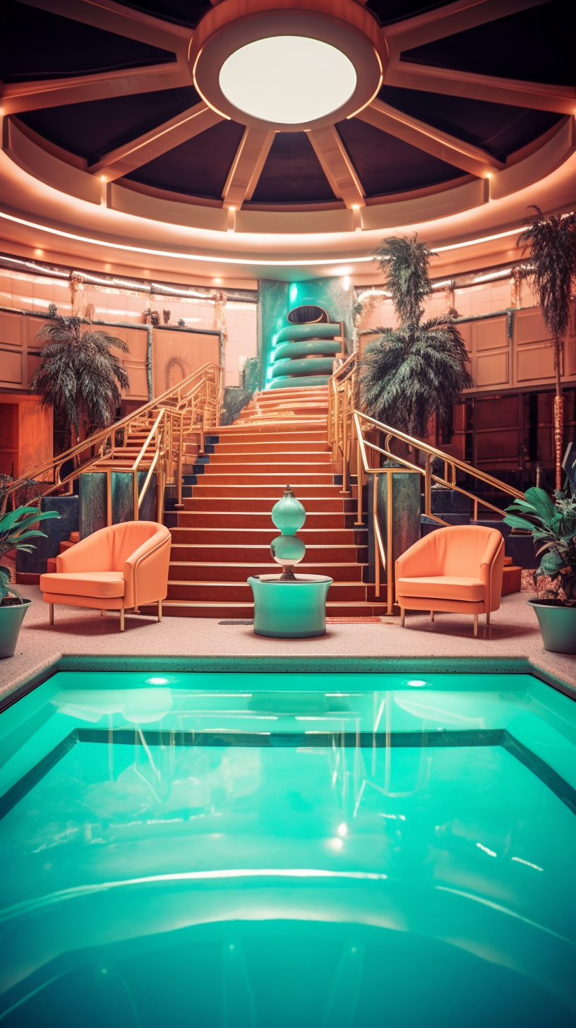 Grainy wide angle photo of a luxury 80s indoor swimming pool