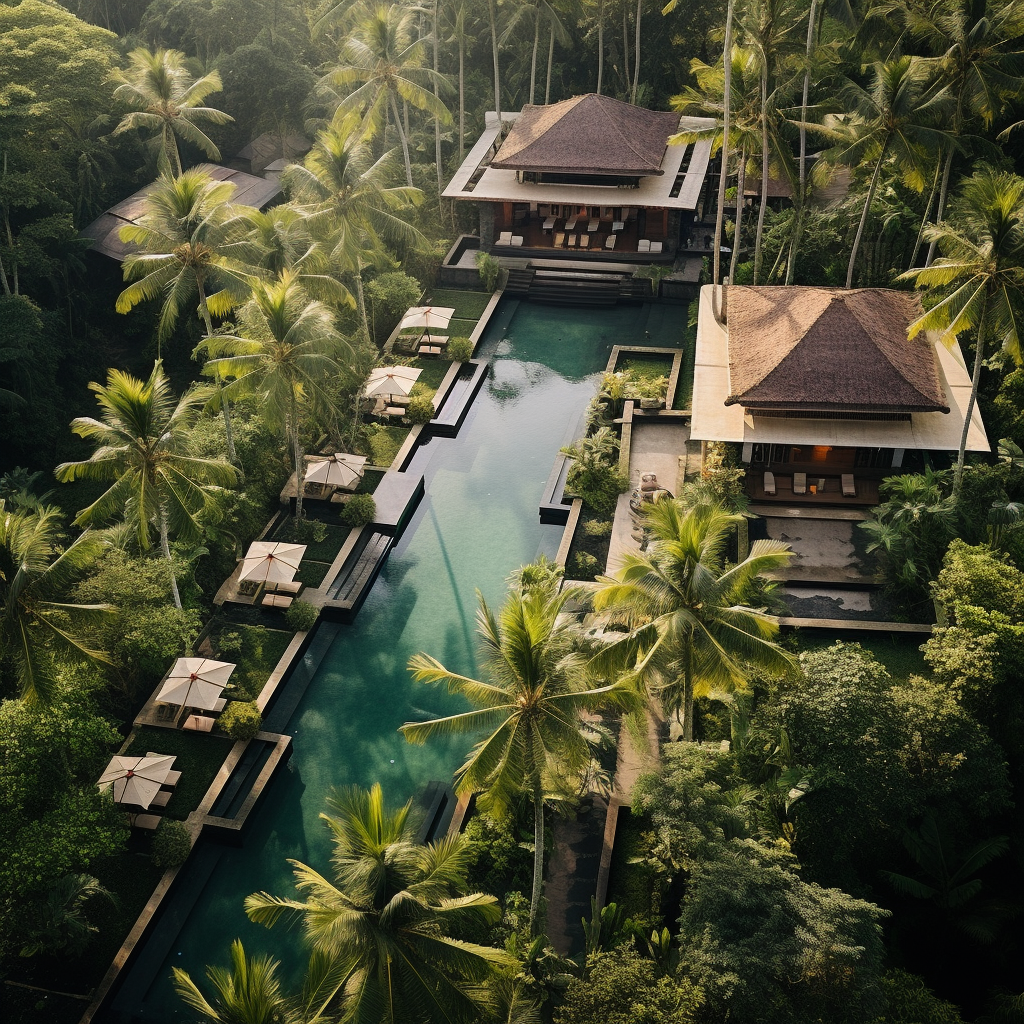 Aerial view of luxury Bali villa surrounded by lush jungle