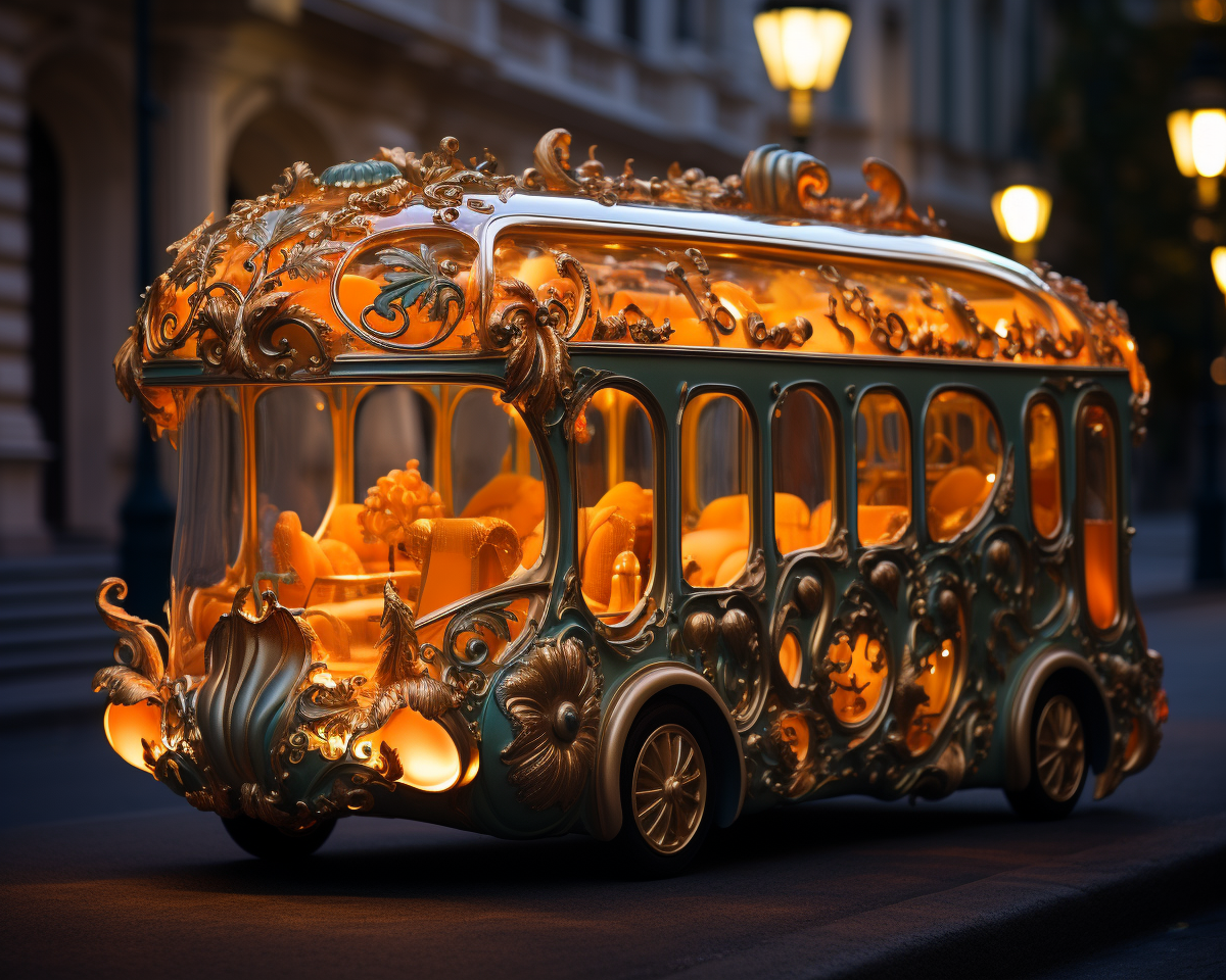 Luxury baroque bus pumpkin sculpture at night