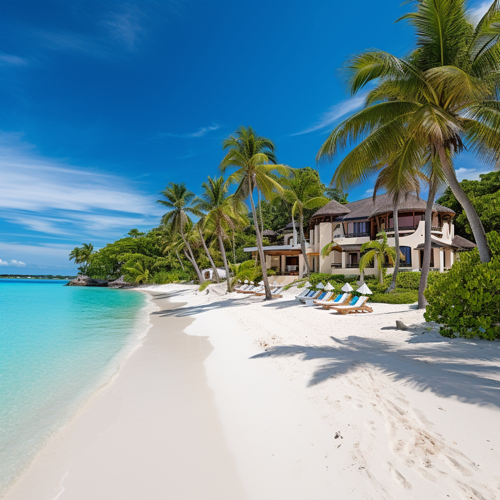 Pristine white sandy beach, turquoise sea, and palm trees