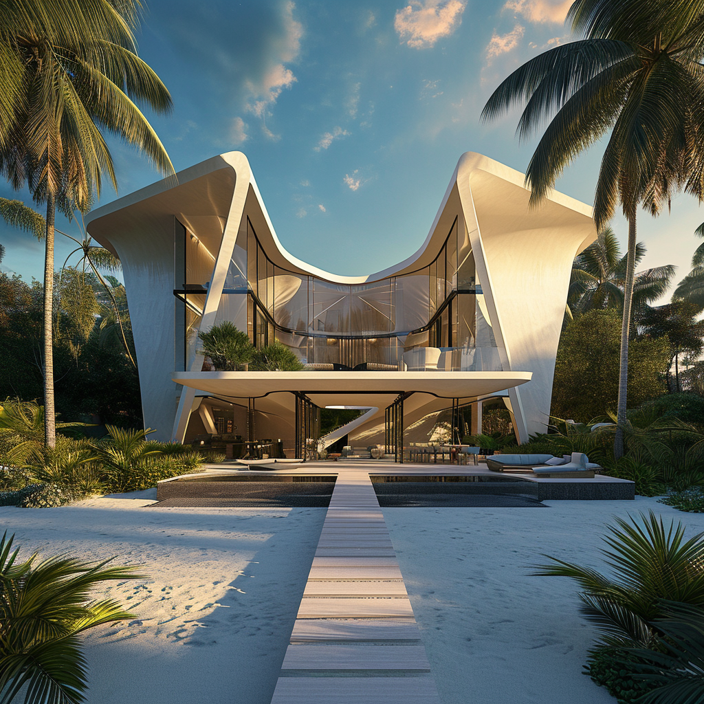 Front view of luxury beachfront villa on a tropical island