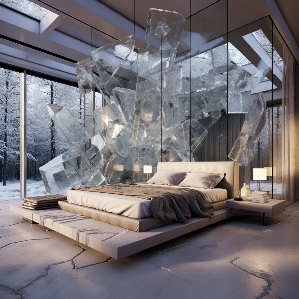 Luxury bedroom with glass walls and icecubes  ?