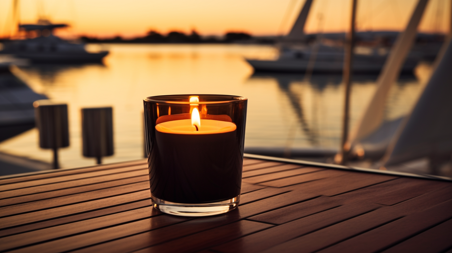 Luxury black candle with yacht at sunset