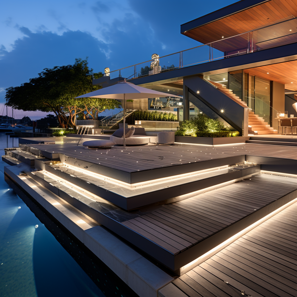 Contemporary Luxury Boat Dock with Pool and Garden