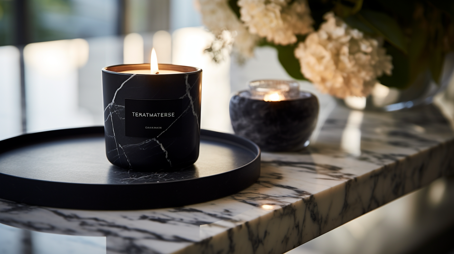 Black luxury candle on marble table