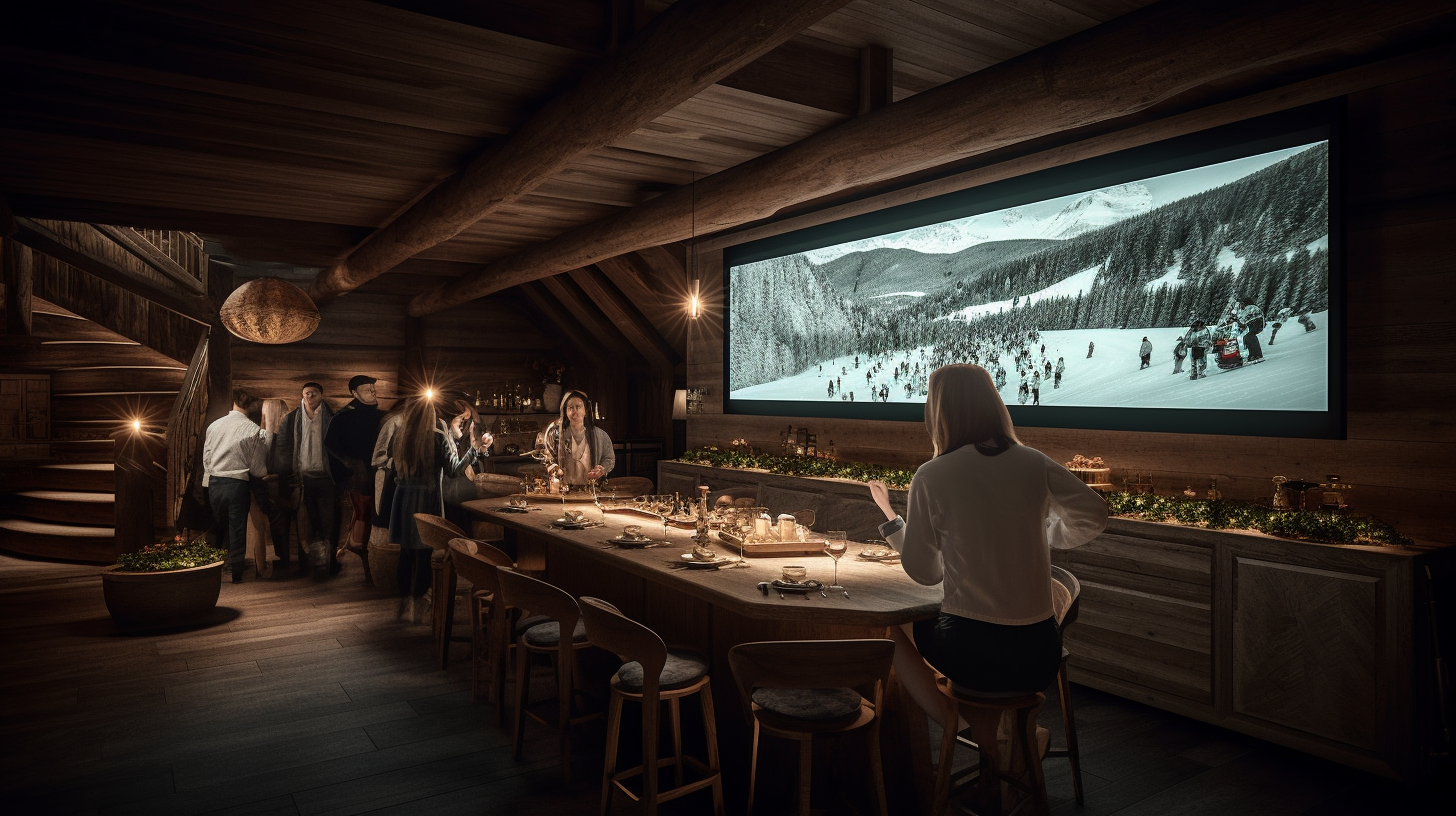 High-end luxury chalet party interior with large screen