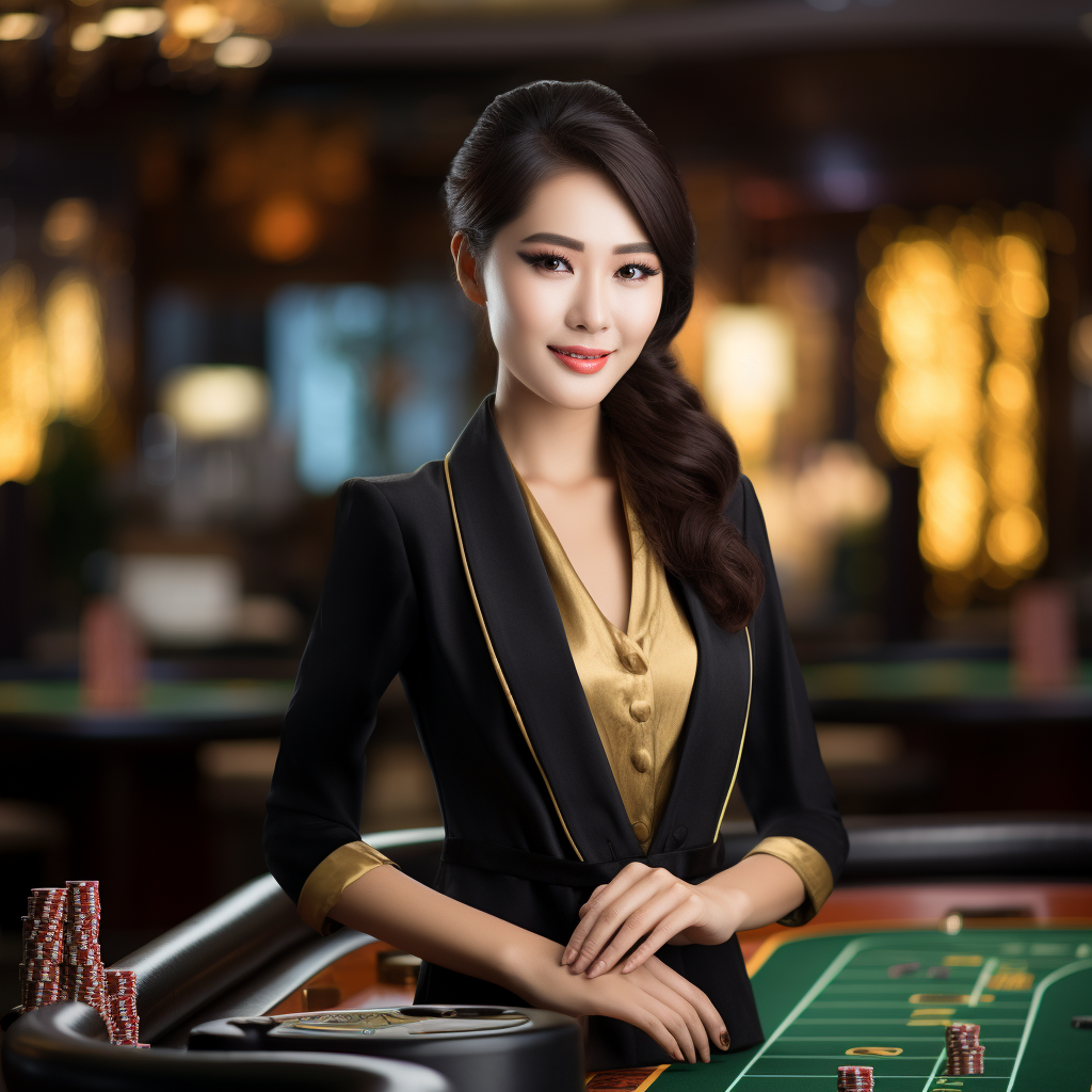 Asian casino dealer welcoming guests with luxury