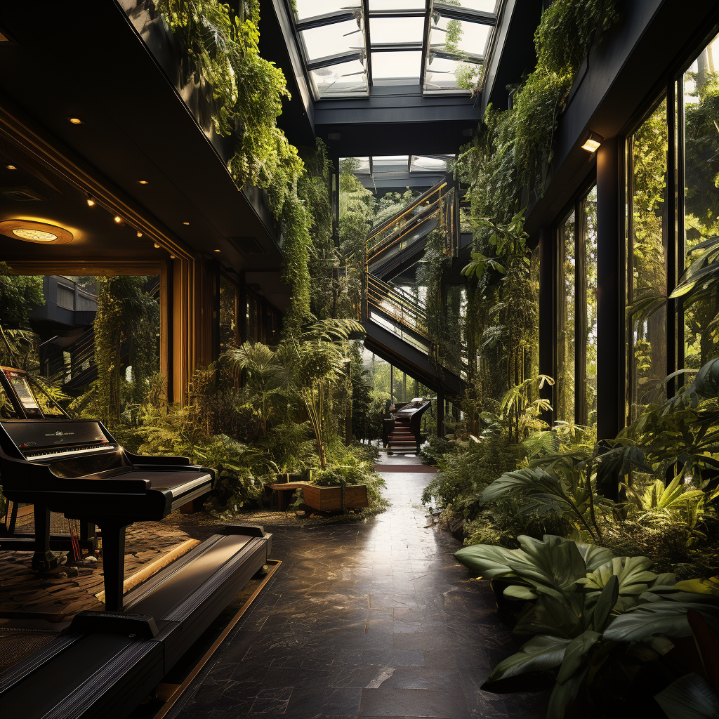 Realistic luxury gym with lush green plants