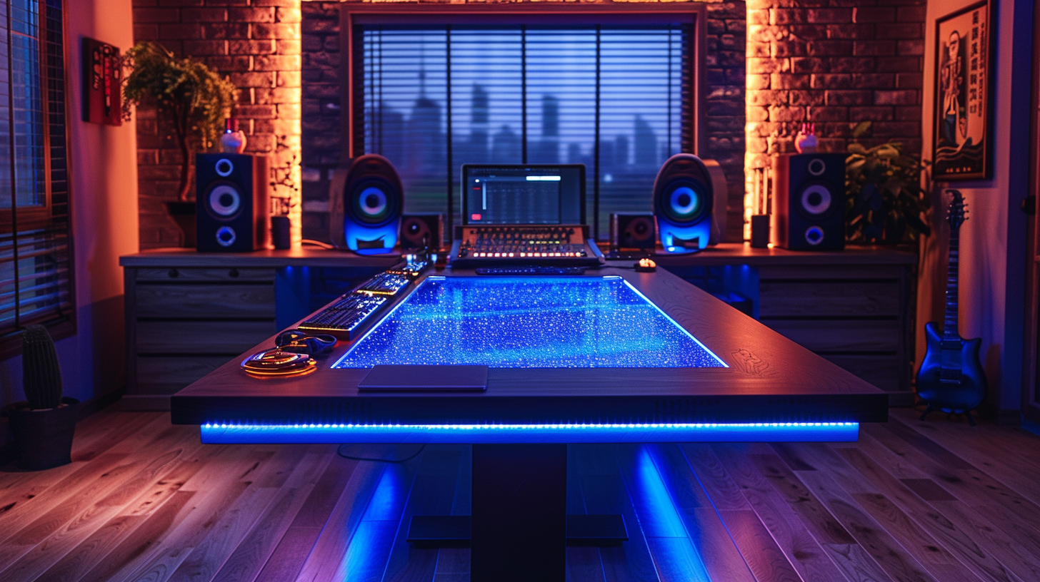 music studio table with diming led lights