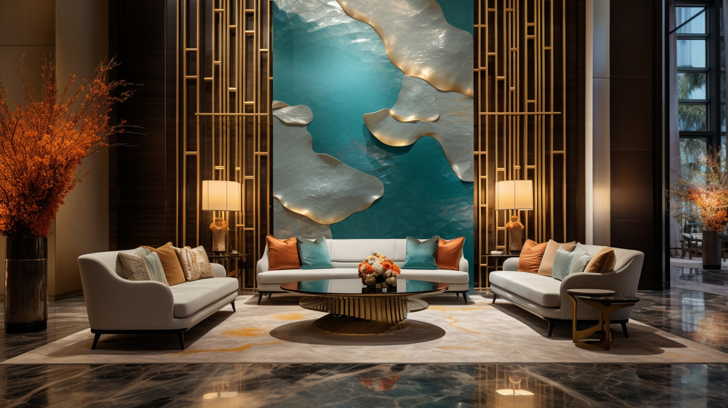 Beautifully designed luxury hotel lobby with faux tortoise shell furniture