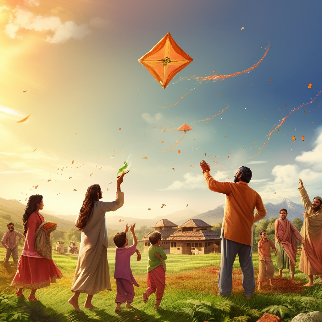 Indian family flying kites with friends