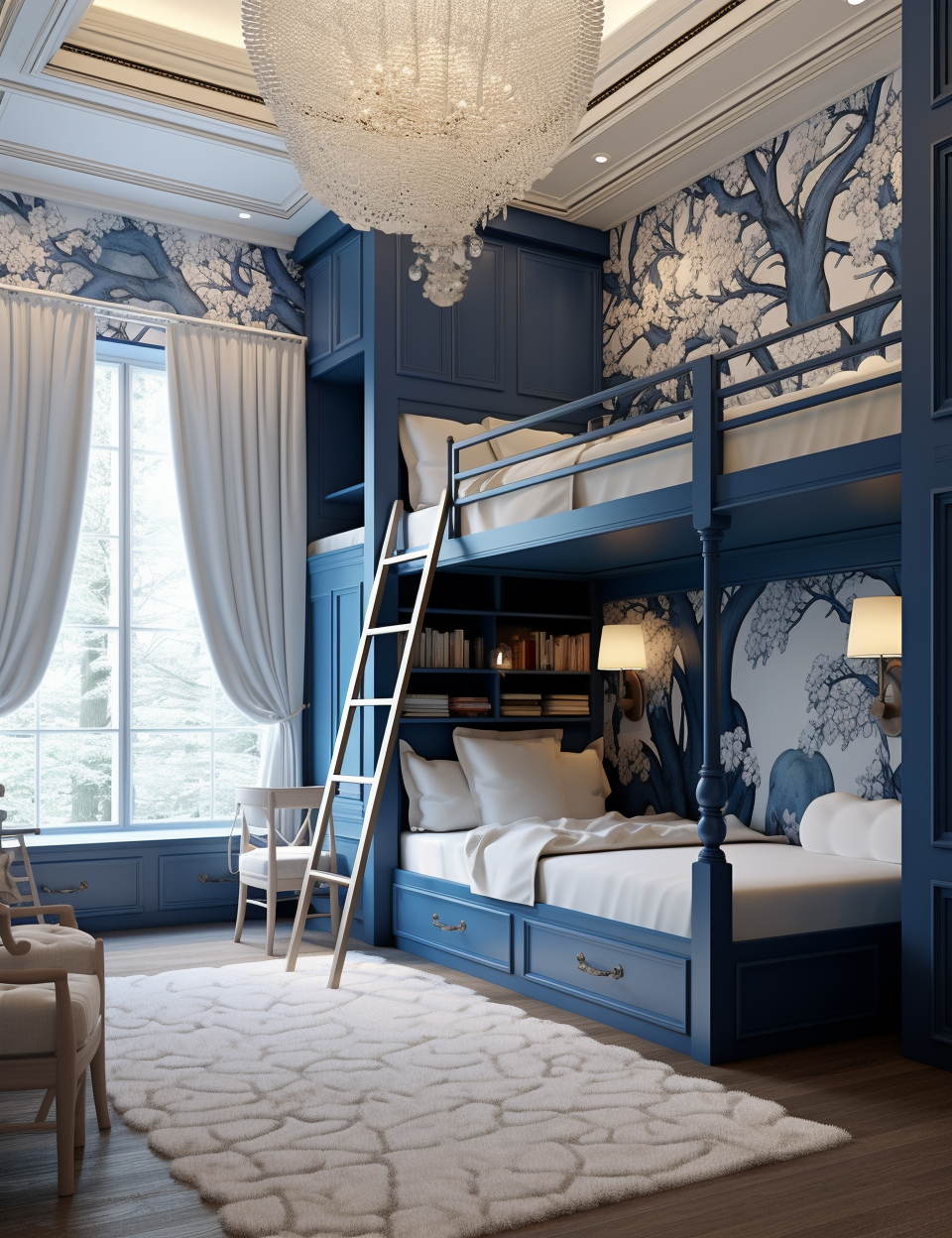 Luxurious blue and white bunkbeds