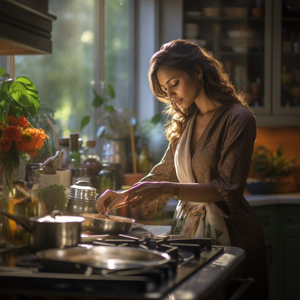 Beautiful South Asian lady cooking in luxury kitchen