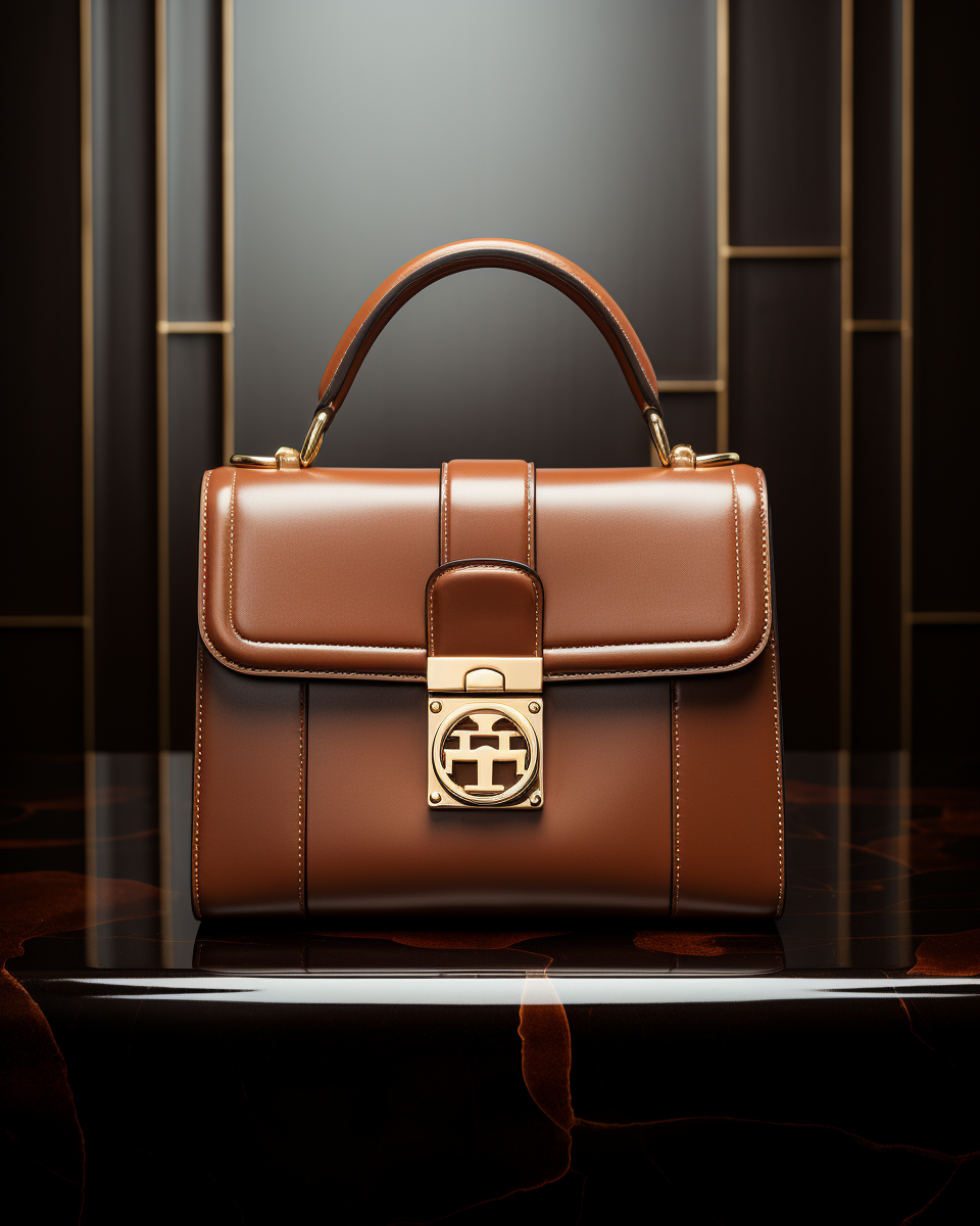 Brown luxury leather handbag with gold buckle