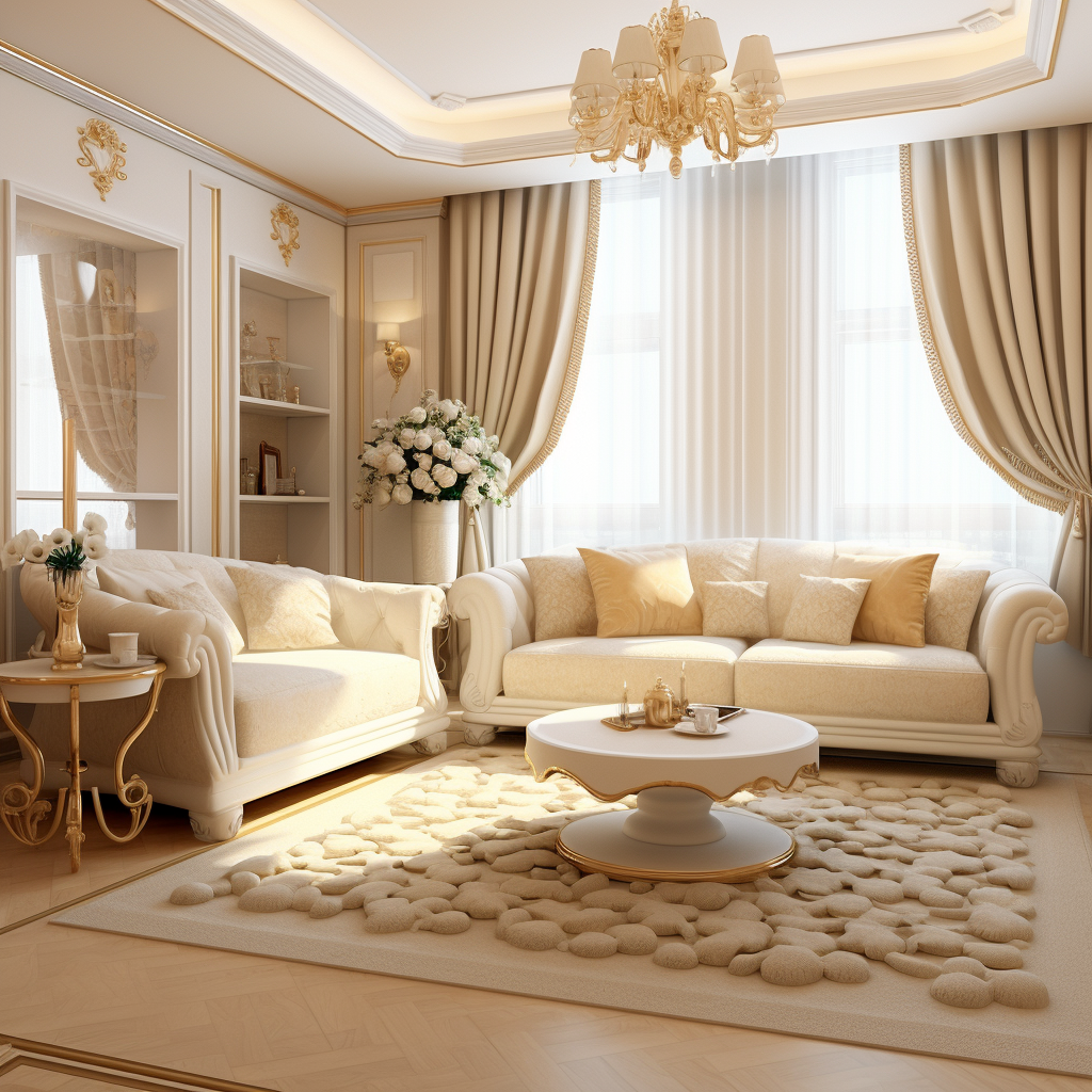 Luxury family room design with golden color scheme