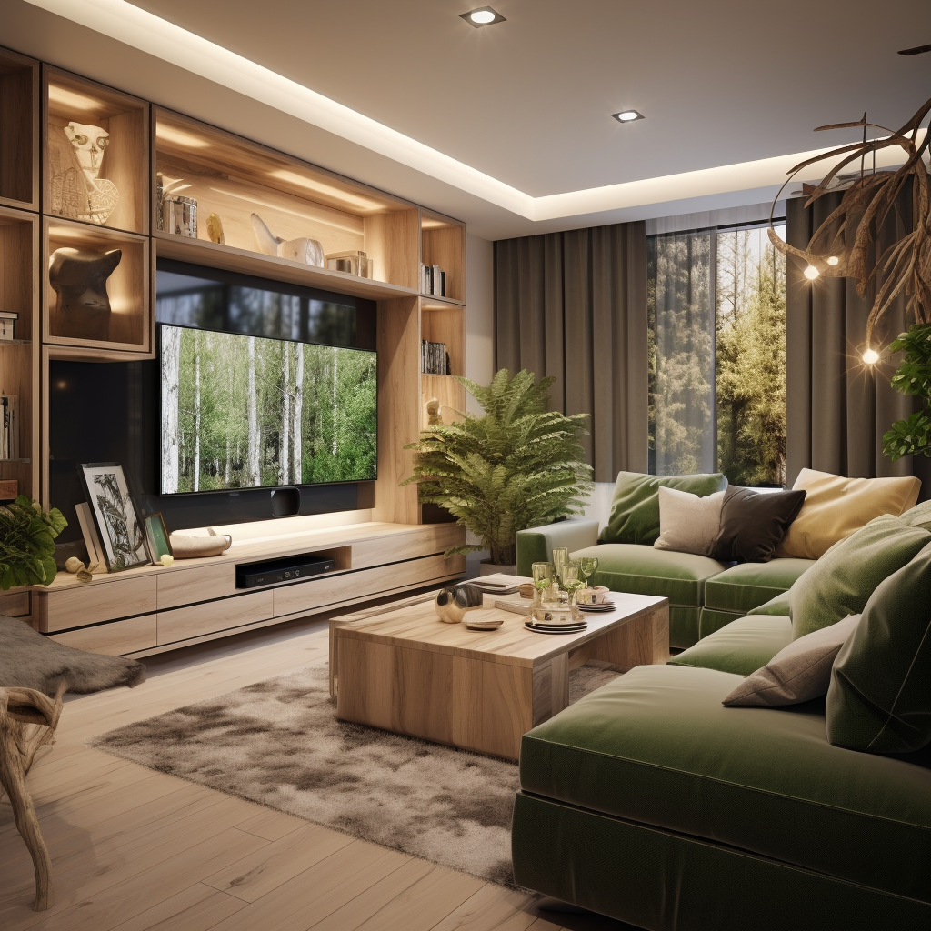 Luxurious living room with woods decor and lights