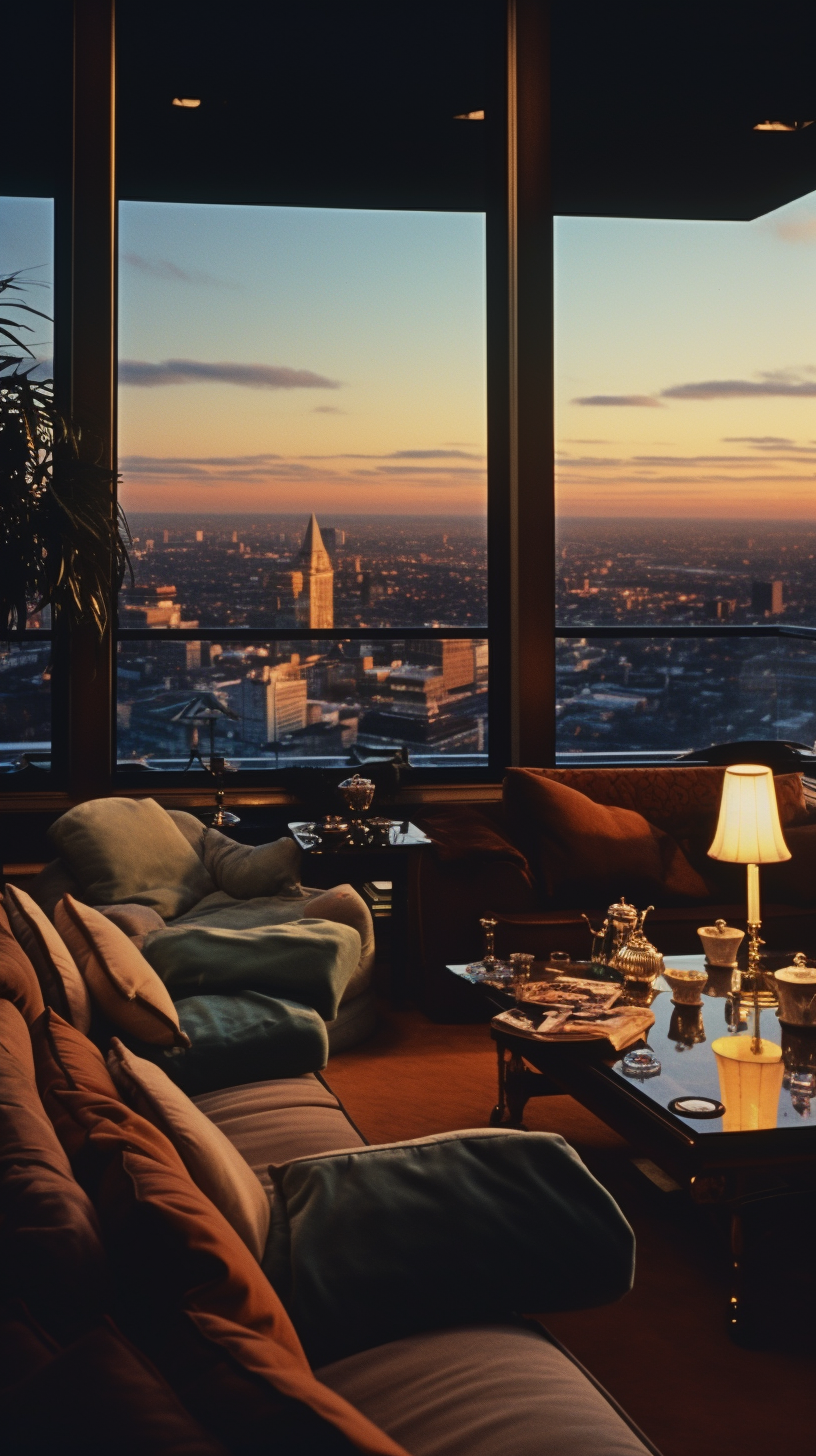 1980s luxury London penthouse interior