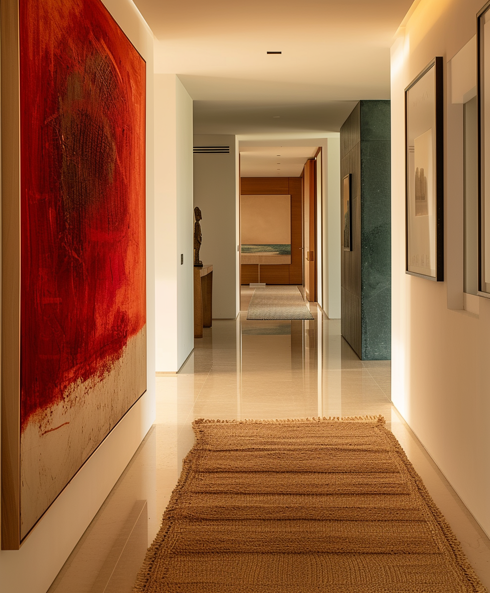 Modern Minimal Hallway with Artwork and Rug