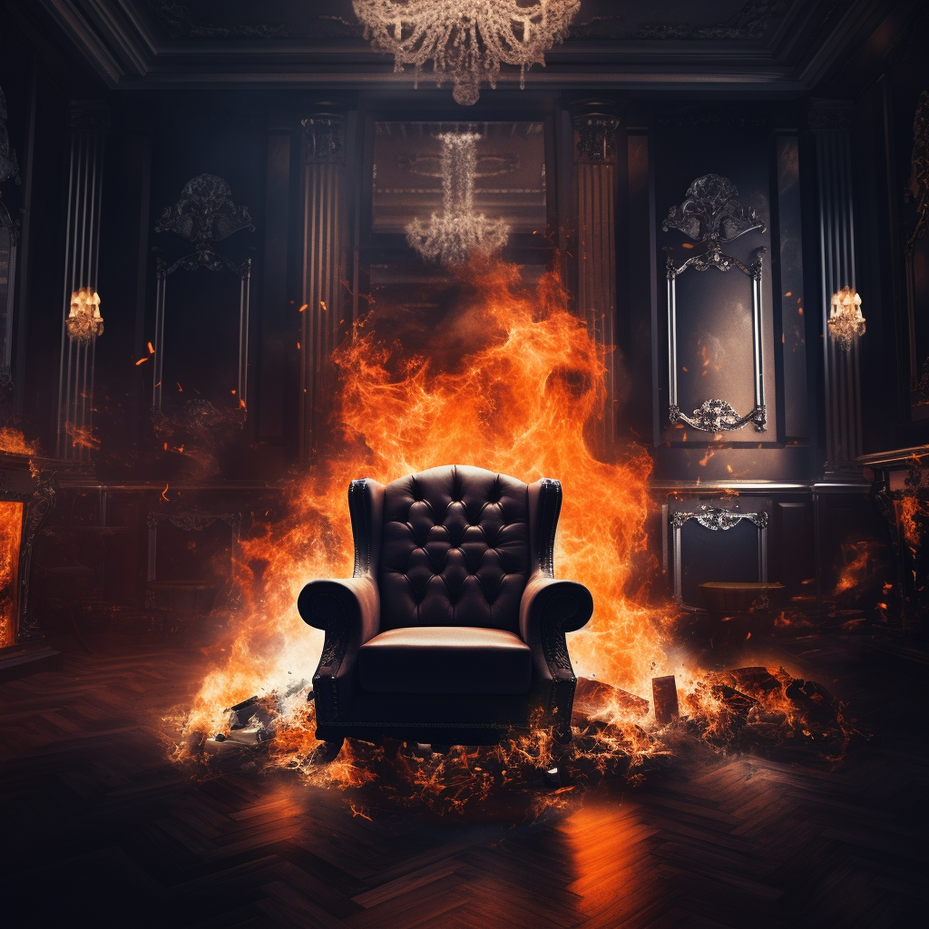 Luxurious office armchair engulfed in flames