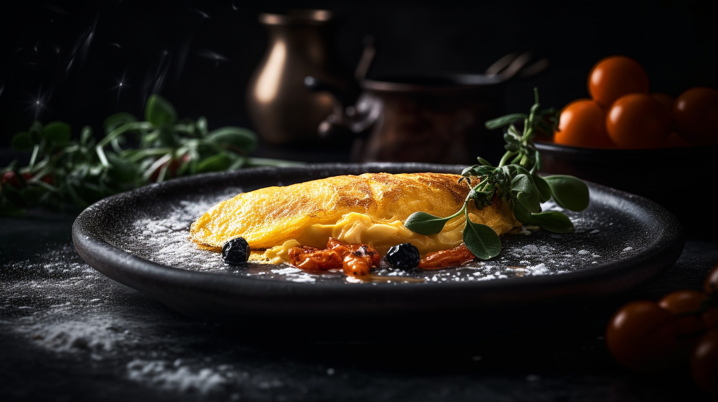 Omelet in a luxurious Michelin kitchen with depth of field