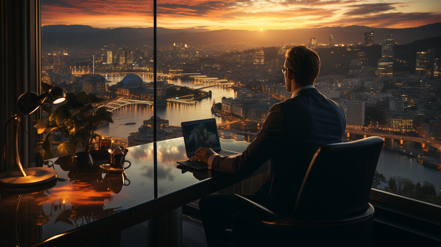 Person writing with laptop at luxury penthouse