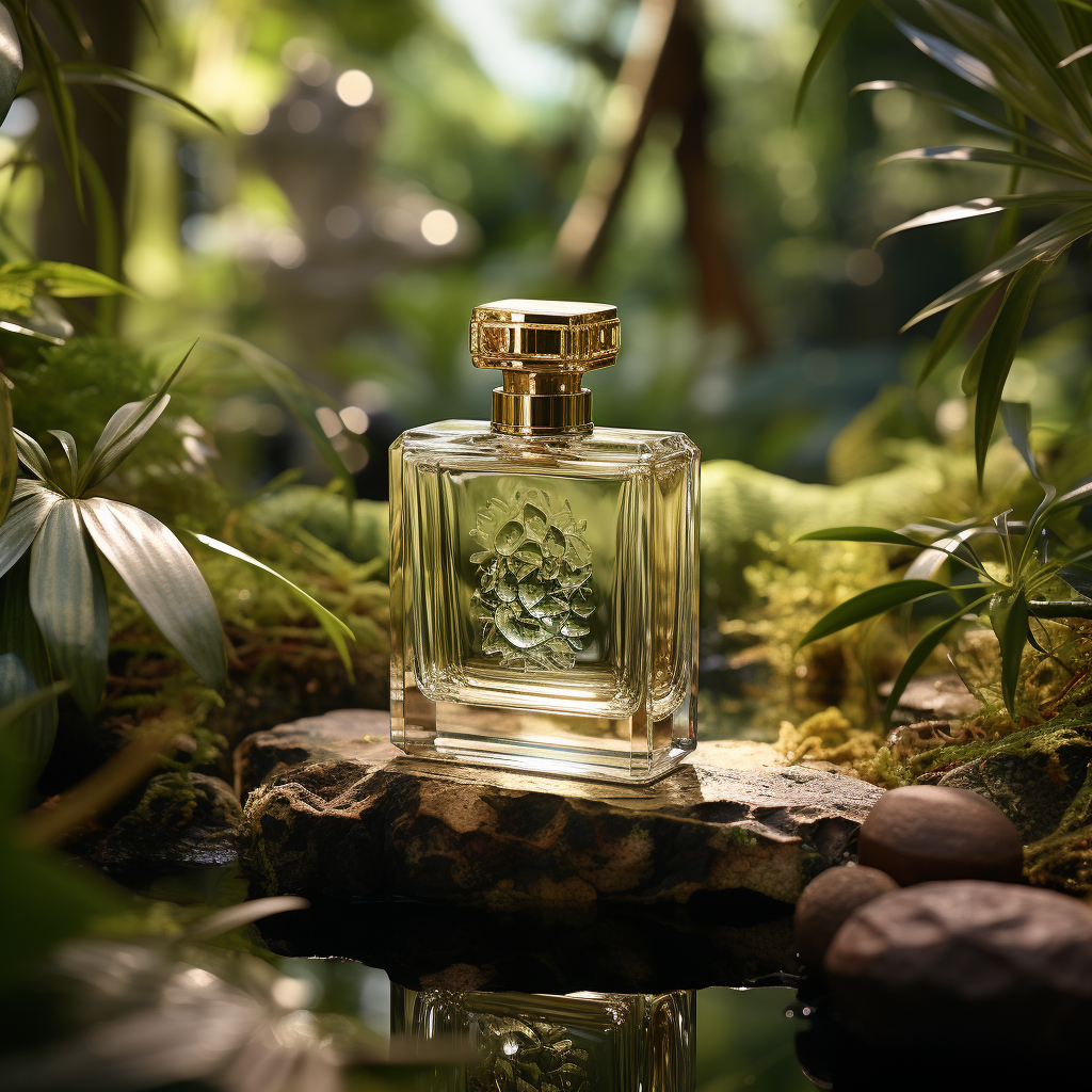 Exquisite luxury perfume on gold with jungle backdrop